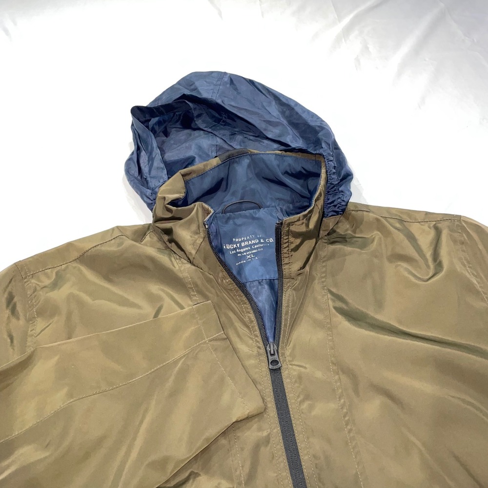 Lucky Brand Mens Hooded Windbreaker Jacket Olive Green Navy Blue XL